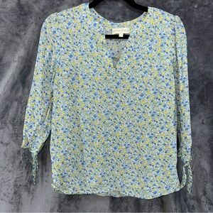 Cynthia Rowley V-Neck Blue Yellow Floral Top Blouse 3/4 Sleeve Shirt Size S